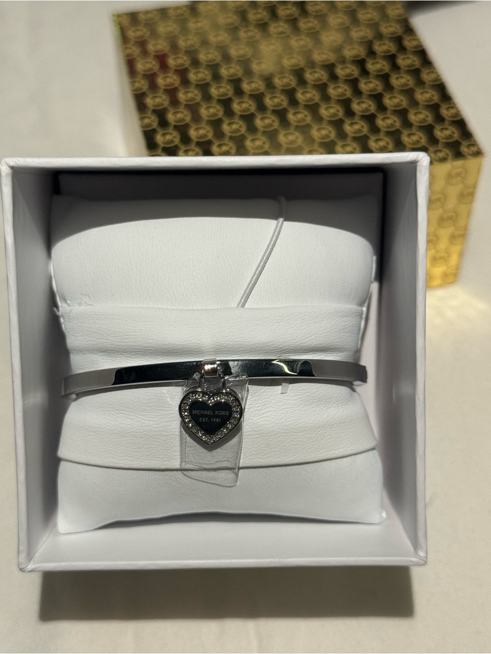 Michael Kors Silver-Tone Heart Charm Bangle with Crystal Accent
